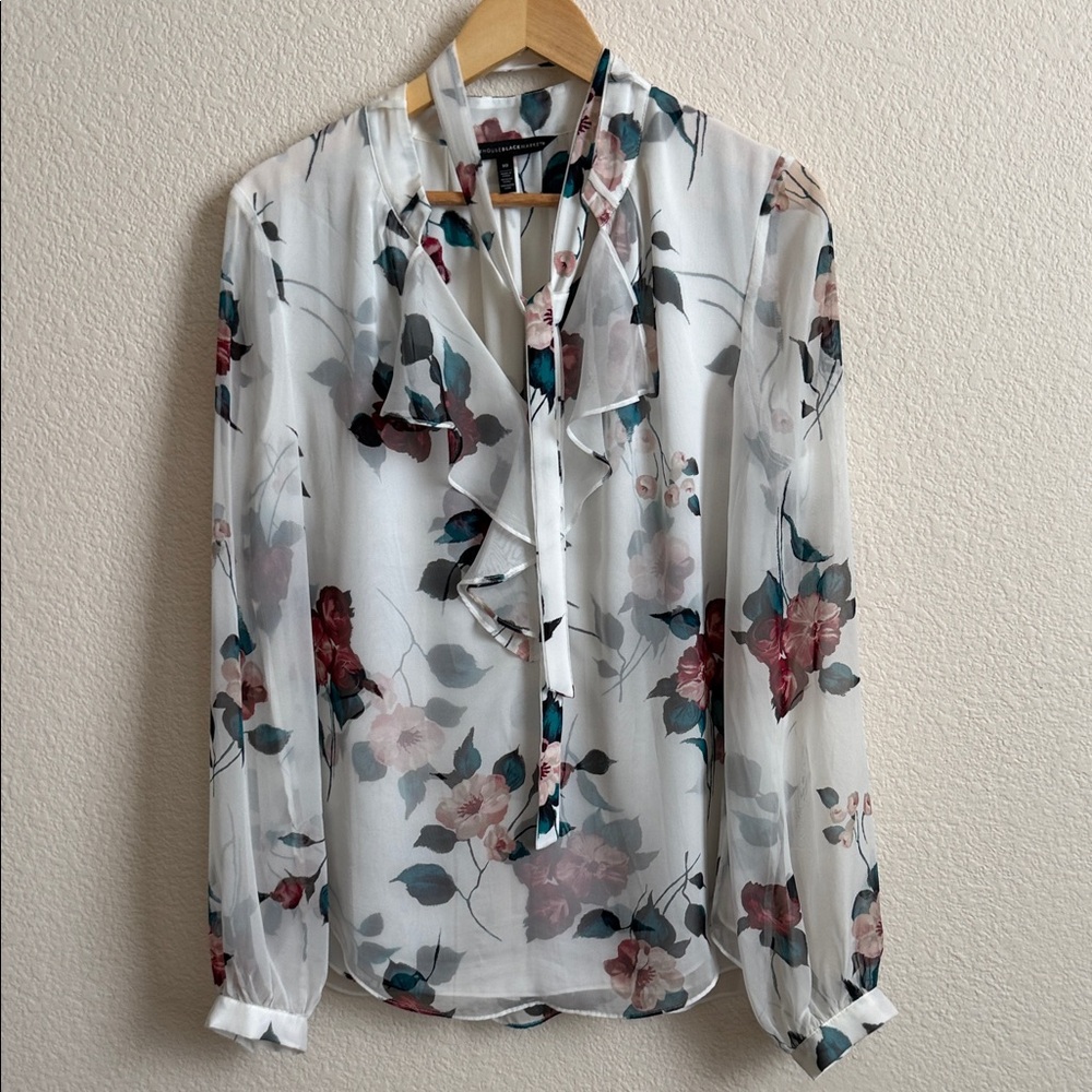 WHBM Floral Ruffle Tie Neck Blouse Sheer White Plum Size 10
